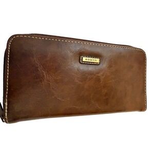 Rosetti Womens Brown Faux Leather Zip Around Accordion Wallet Gold Tone Logo